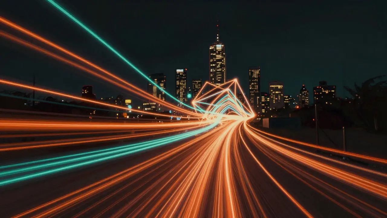 Surreal depiction of glowing light trails forming a city skyline shape