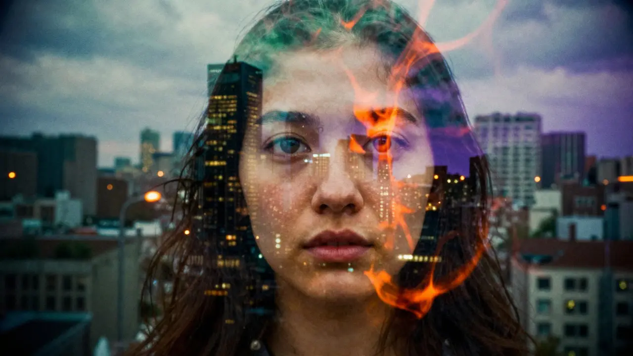 Surreal double exposure blending a human face with a cityscape and colorful light leaks