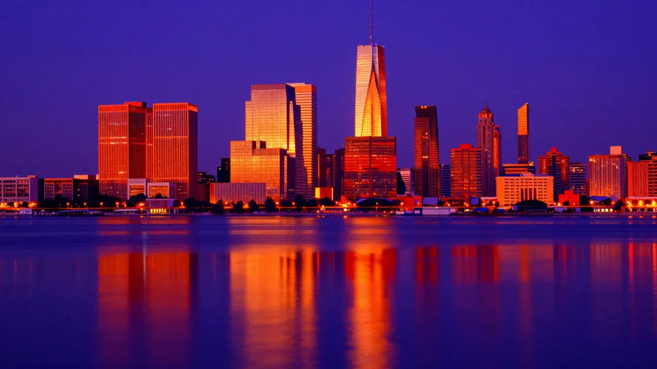 Surreal thermal cityscape at twilight with glowing buildings