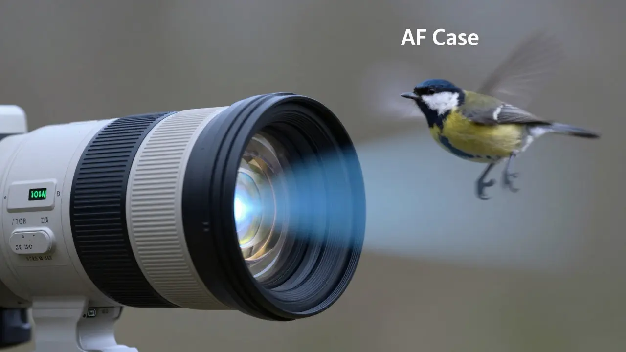 Telephoto lens tracking an erratic flying bird with glowing focus elements