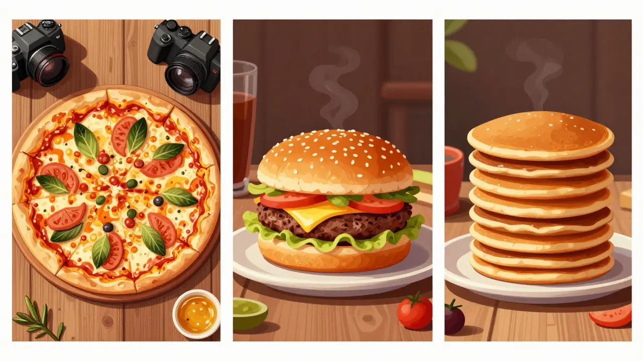 Three panels showing top-down, 45-degree, and eye-level food photo angles