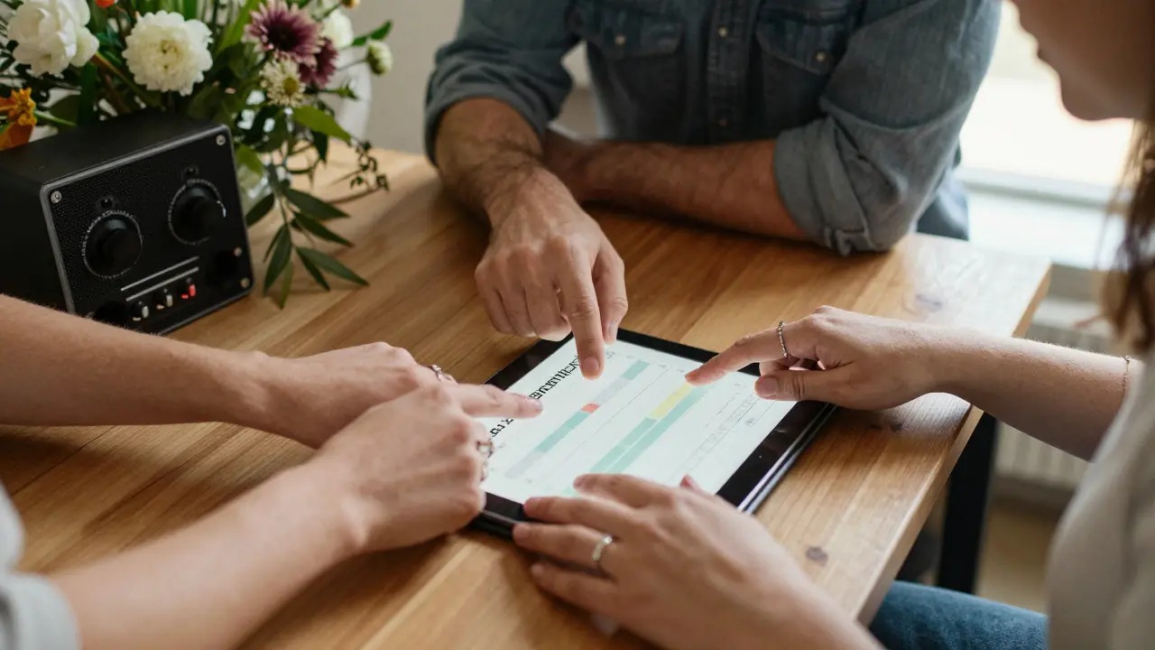 Three professionals reviewing a wedding schedule on a tablet surrounded by flowers and audio gear