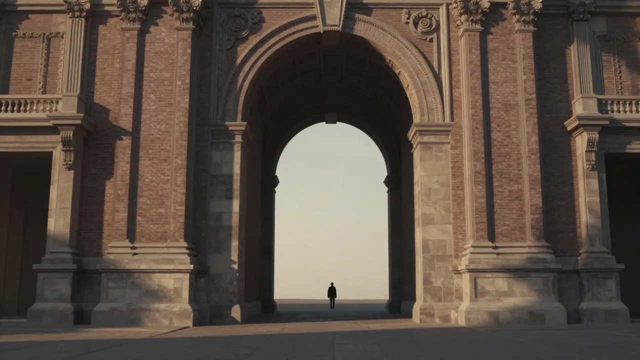 Tiny figure standing in a large, empty archway emphasizing scale and depth