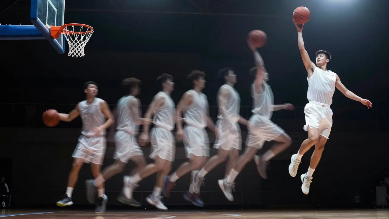 Translucent overlapping images of a basketball player jumping to show burst frame sequence