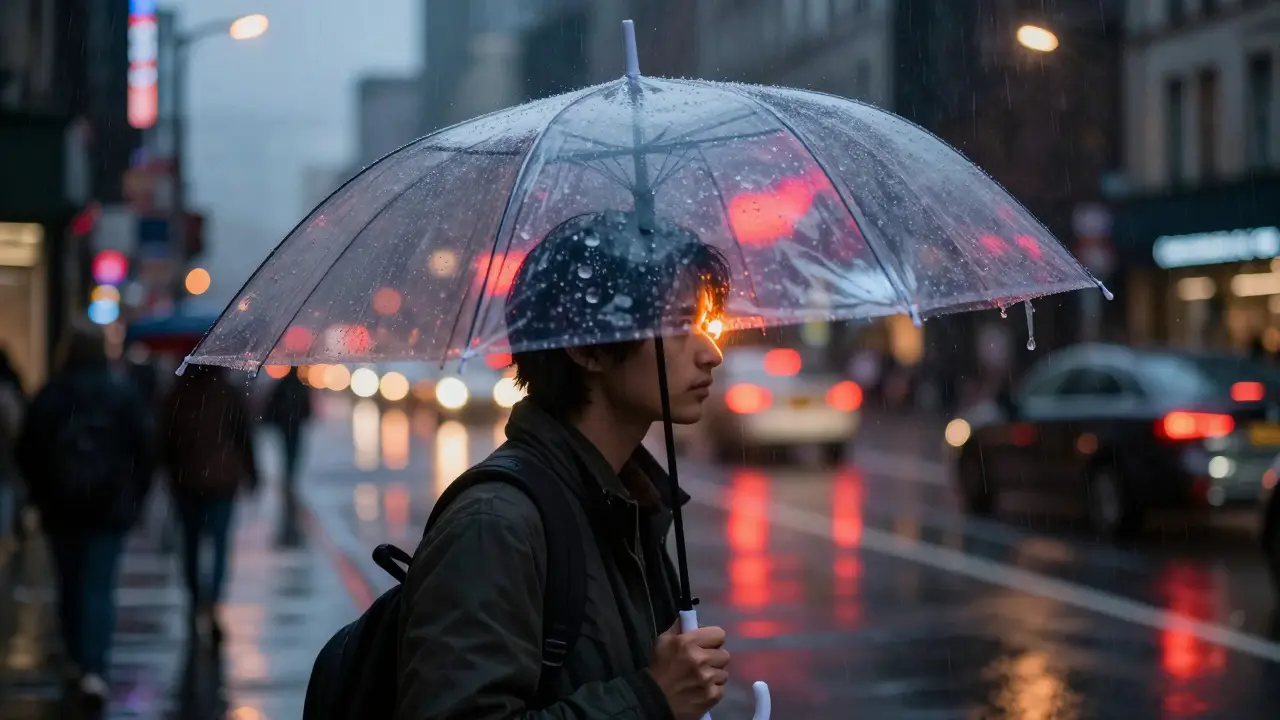 Traveler holding a clear umbrella in the rain with city lights reflecting on the canopy