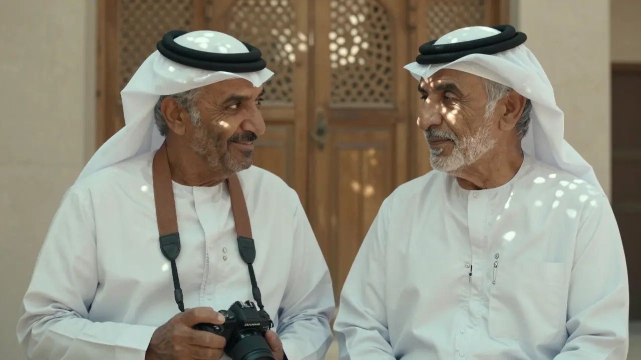 Traveler smiling at an elder in a traditional Emirati courtyard