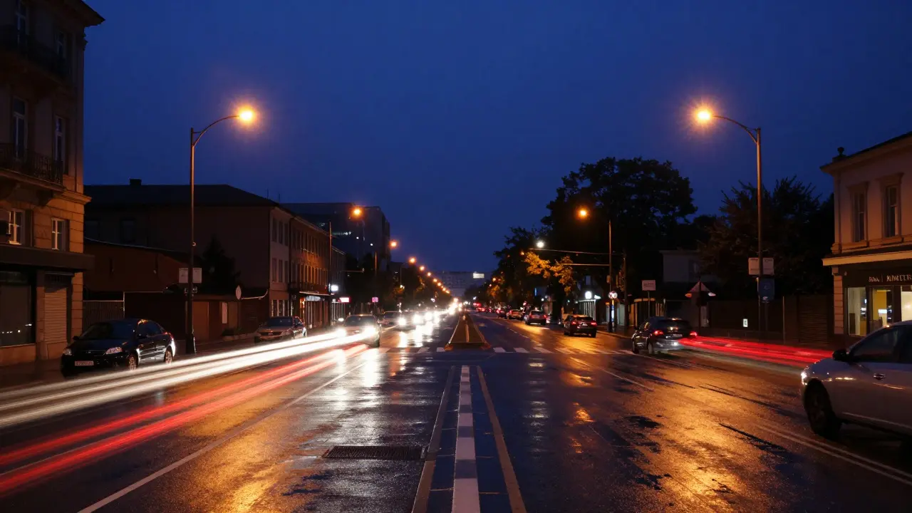 Twilight city street with light trails from cars and no people, showing long exposure effect