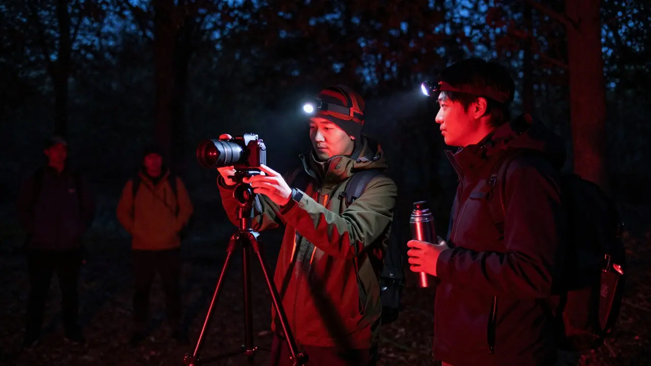 Two astrophotographers using red lights in a forest at night