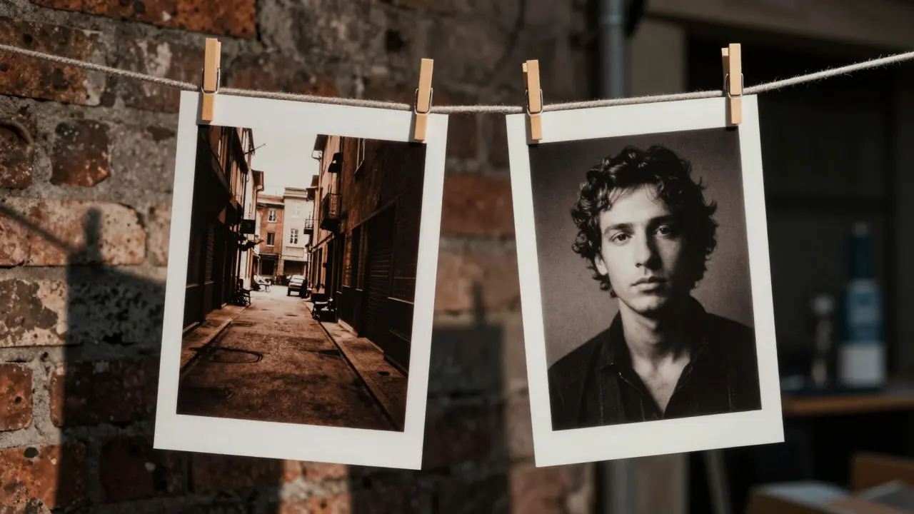 Two black-and-white prints hanging on a line showing different tonal styles