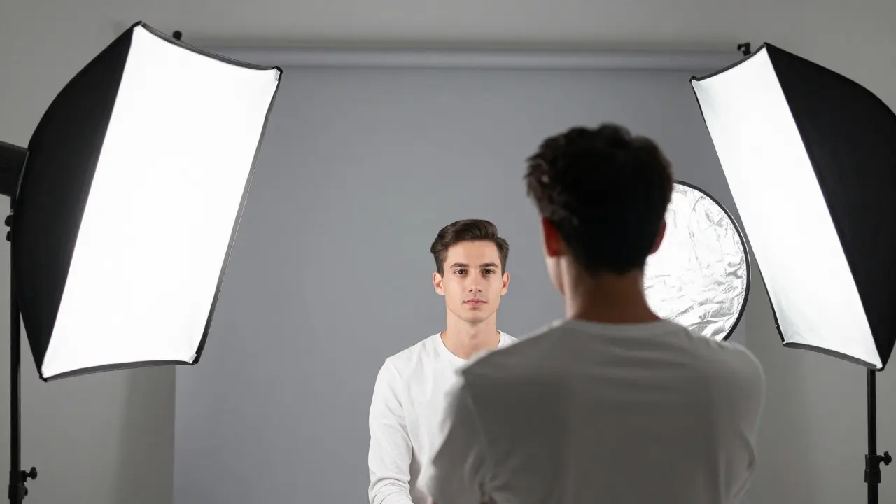Two-light studio setup with a subject, key light, fill light, and reflector