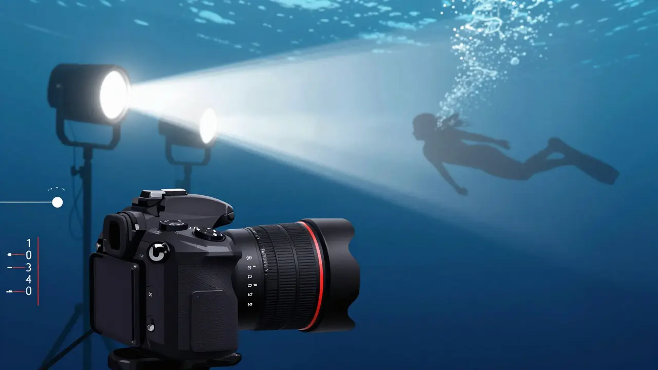 Underwater camera setup with strobes illuminating a swimmer silhouette