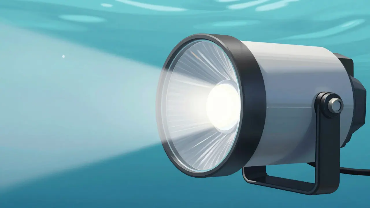 Underwater strobe with snoot and diffuser attachments emitting a soft beam