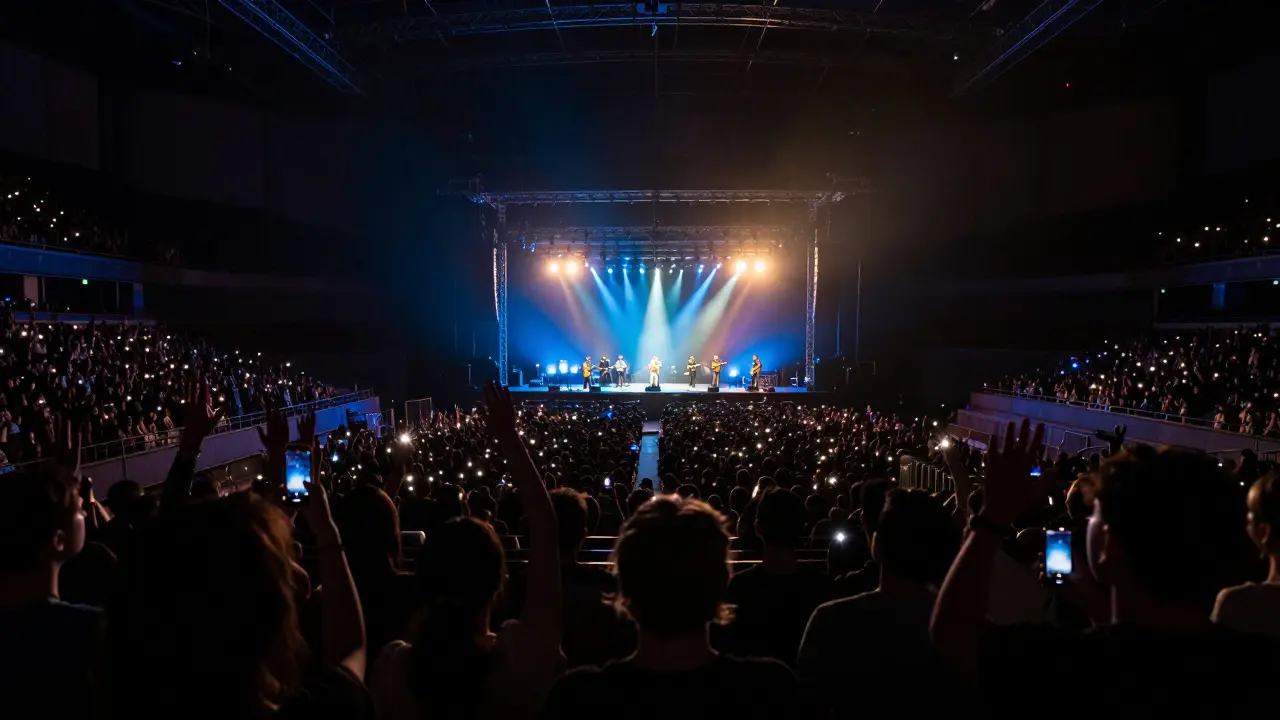 View from balcony showing band on stage and audience with raised hands