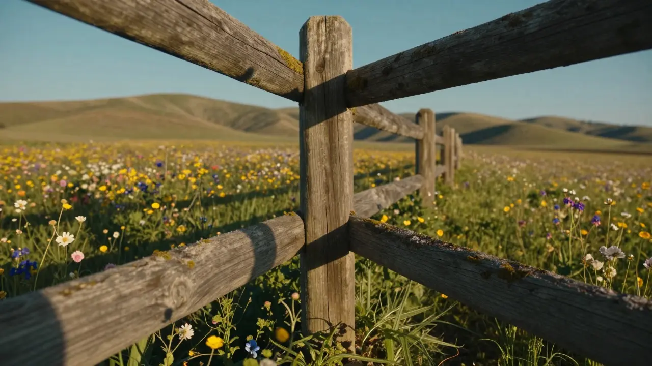 Weathered wooden fence cutting through a field of wildflowers