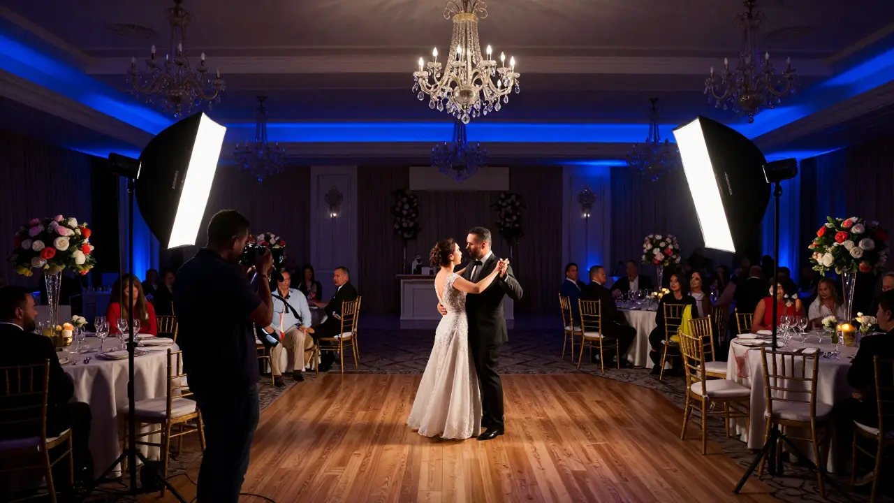 Wedding reception hall with photographers using off-camera strobes and softboxes