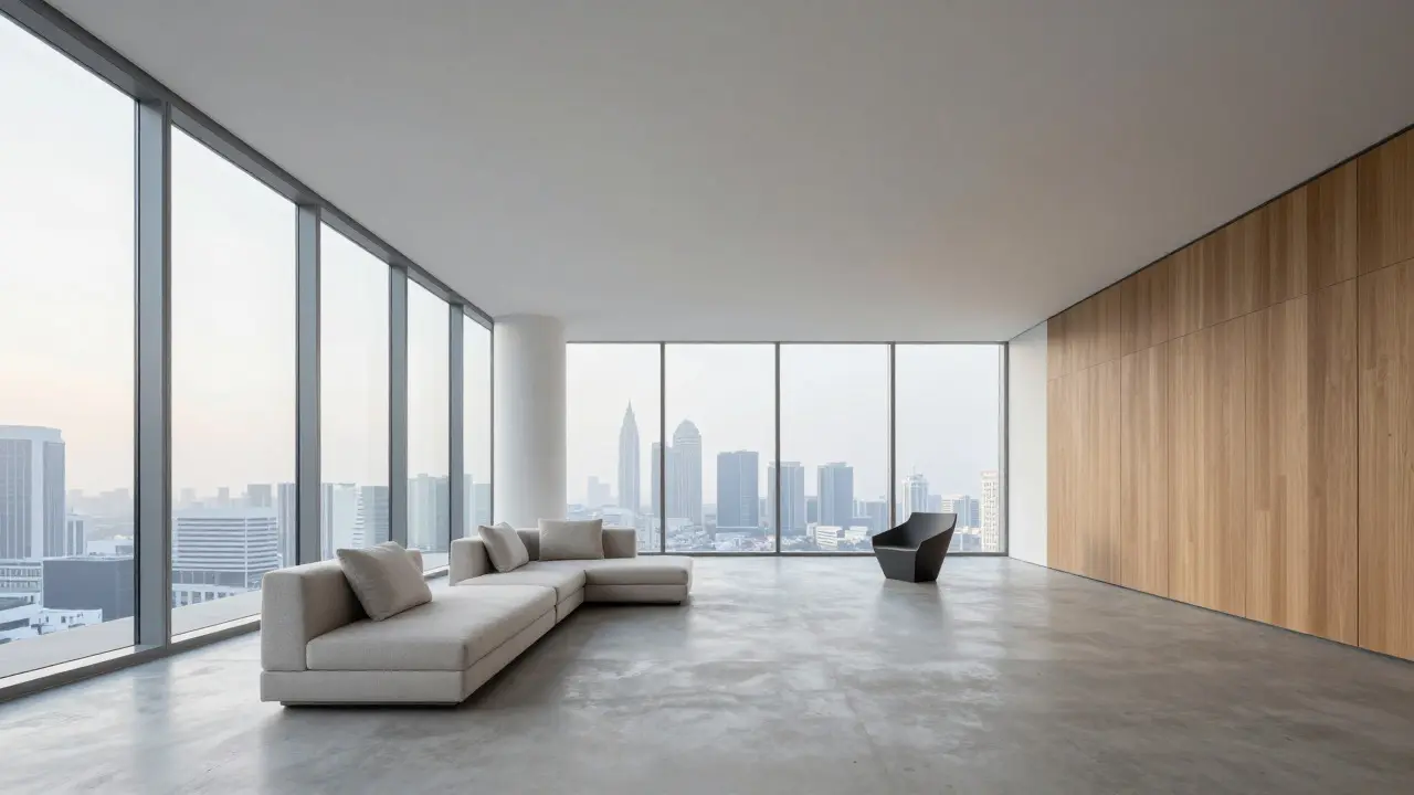 Wide-angle interior shot of a modern minimalist living room with high ceilings