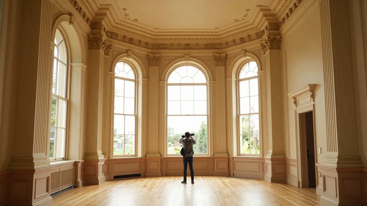 Wide-angle view of a high-ceilinged Victorian interior with straight lines