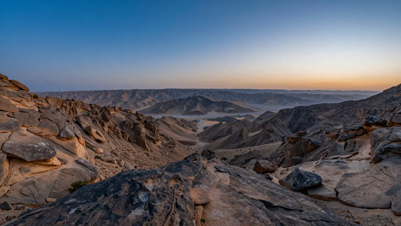 Wide-angle view of sharp mountain landscape at twilight