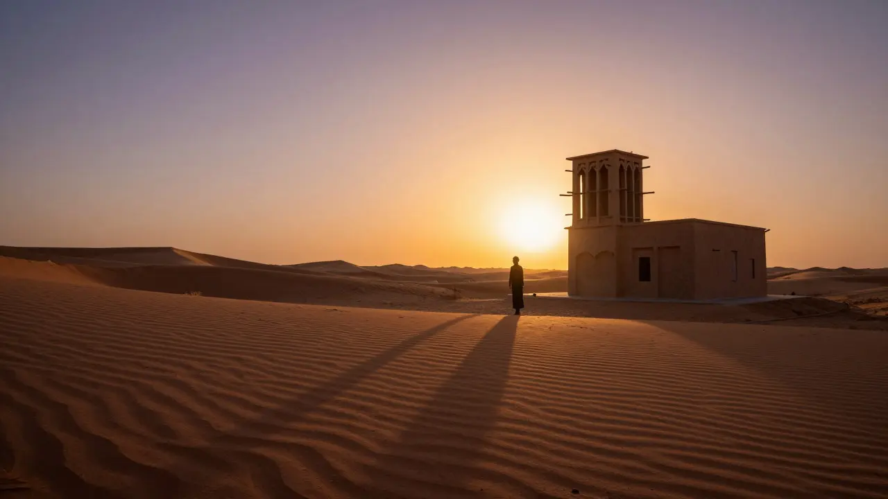 Wide shot of a desert landscape at sunset with long shadows stretching across sand dunes near a wind tower.