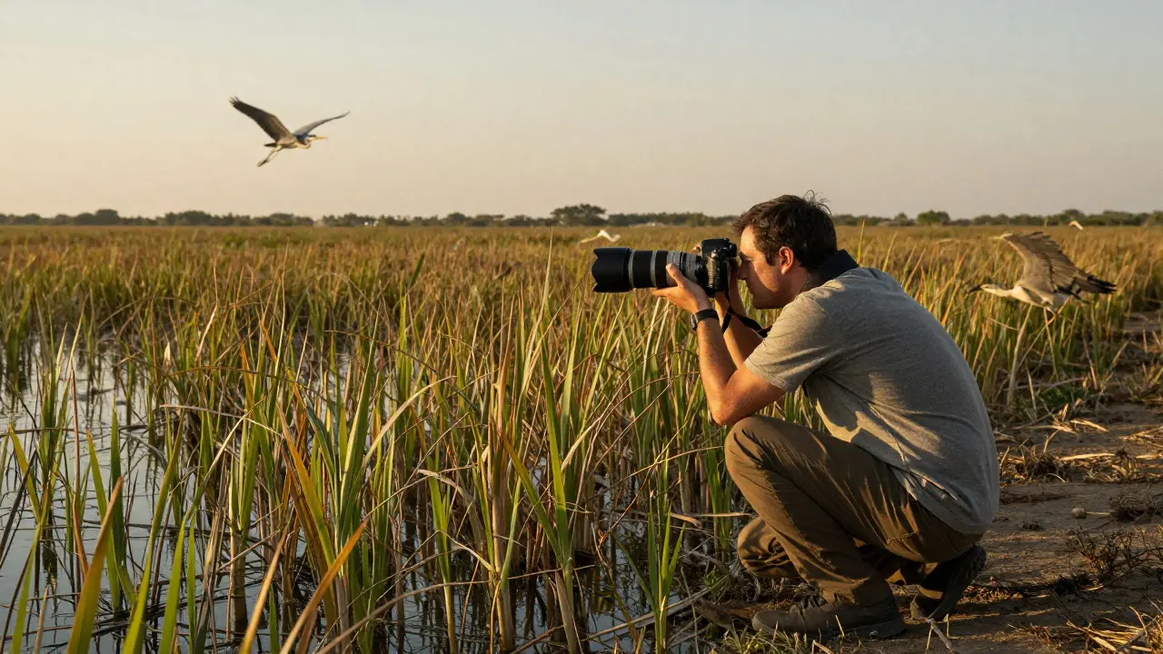 Wildlife photographer crouching in reeds aiming at a distant heron
