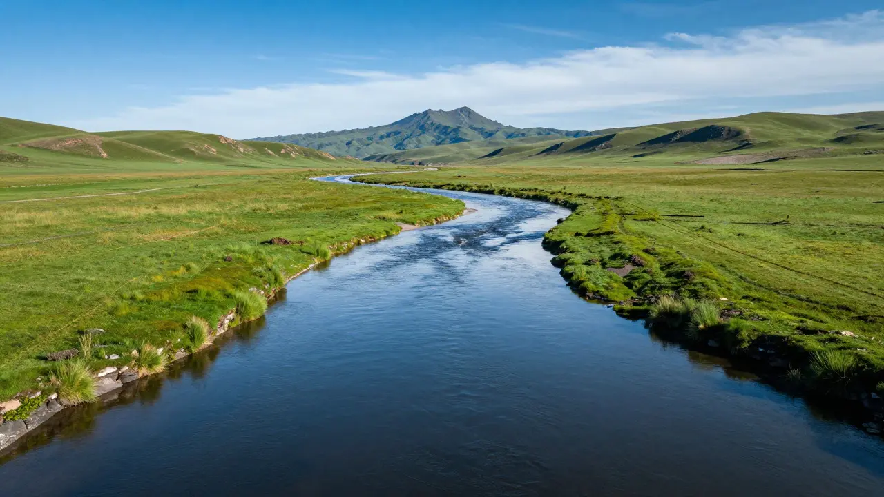 Winding river guiding the eye toward a distant mountain peak