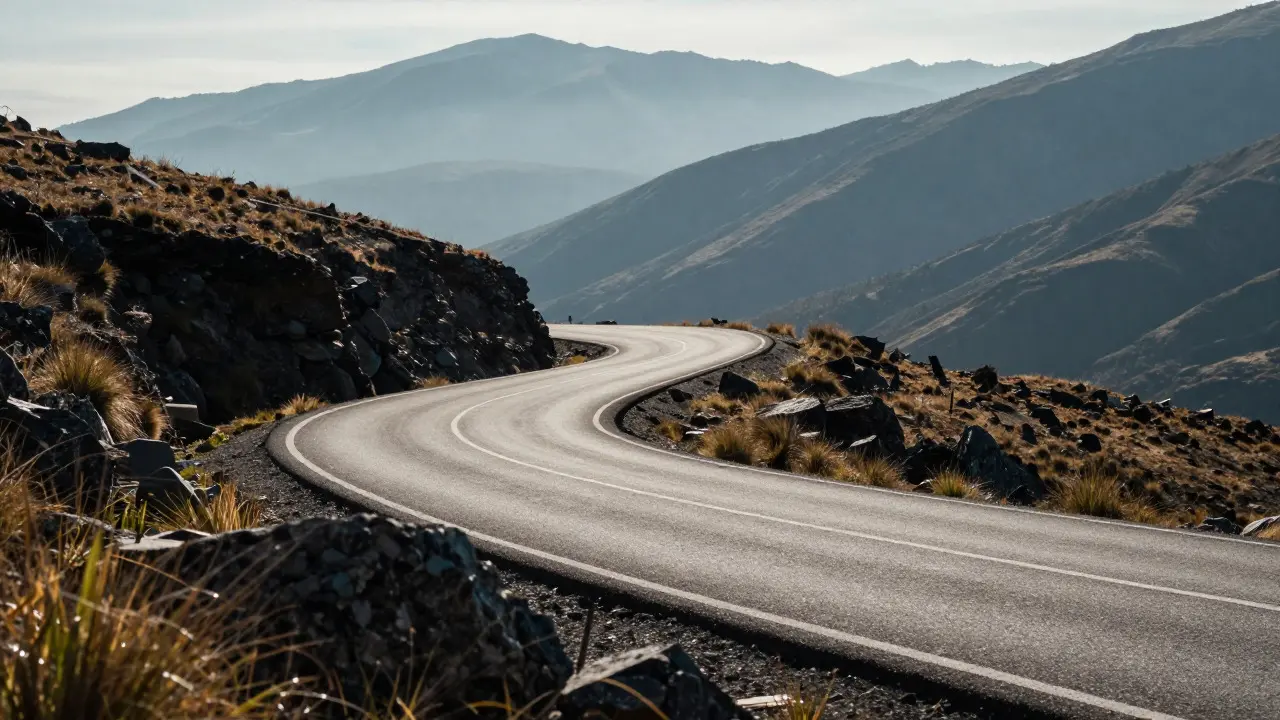 Winding road acting as a leading line through layered landscape