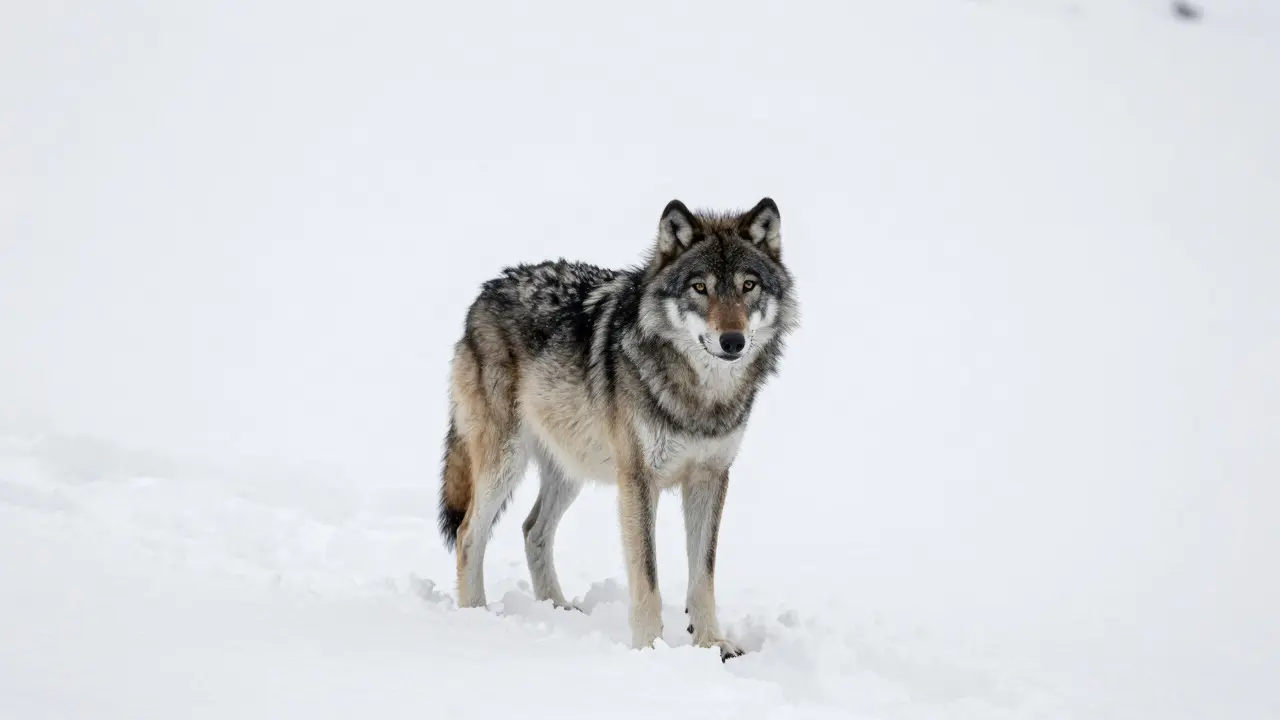 Wolf standing in a snowy field with visible footprints