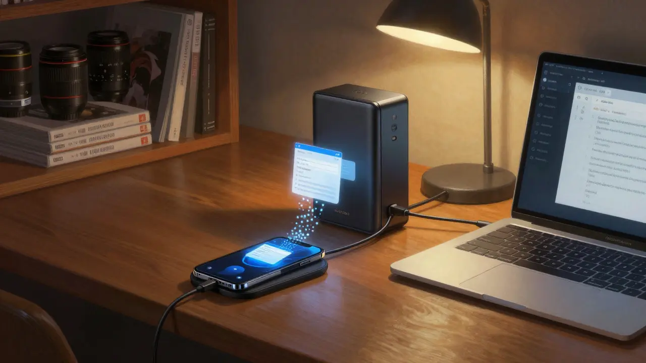 Workspace showing automated data transfer from phone to drives