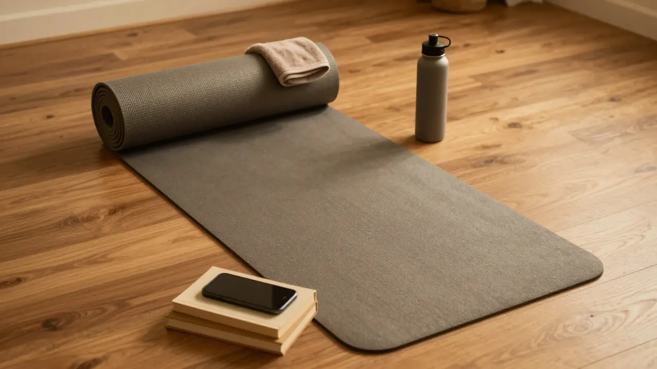 Yoga mat with towel, water bottle, and phone in warm light