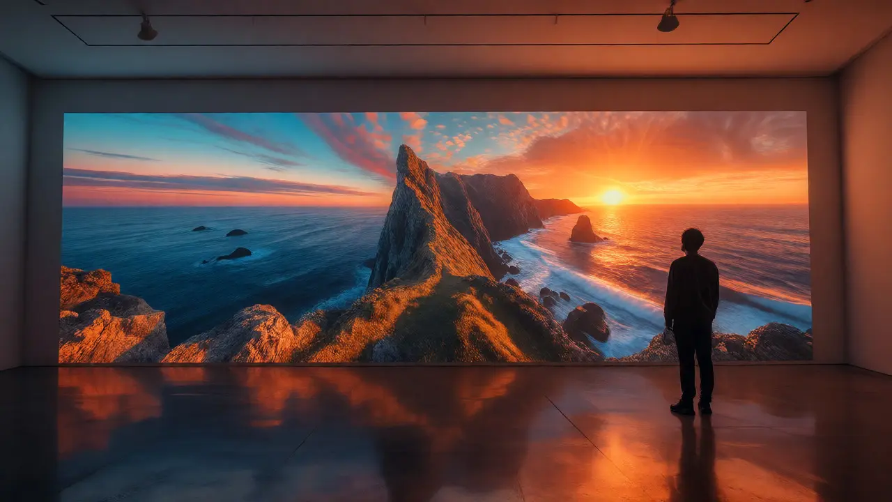 A person viewing a massive, seamless panoramic landscape print in a gallery.