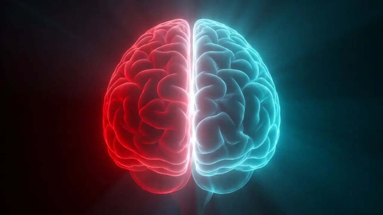 Abstract brain visualization with red and cyan light