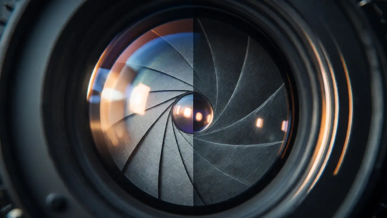 Abstract macro view of camera aperture blades illustrating light and time control concepts.
