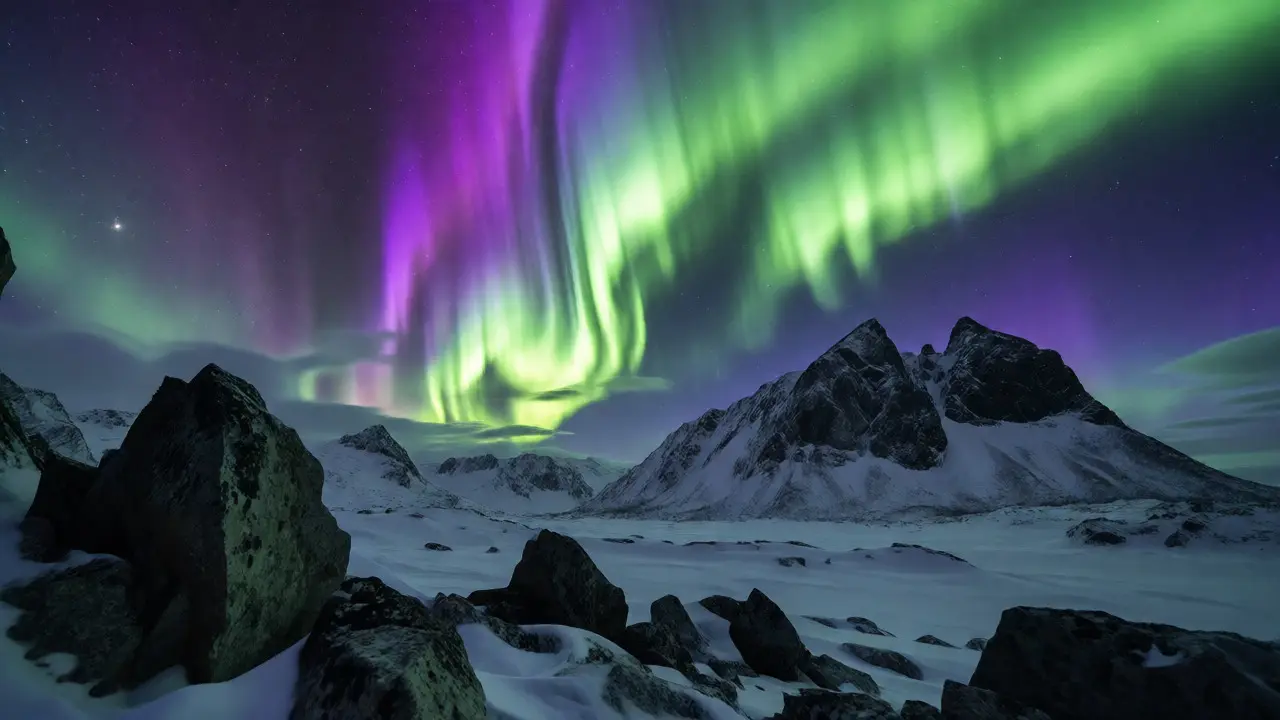 Aurora borealis over snowy mountains with slight motion blur