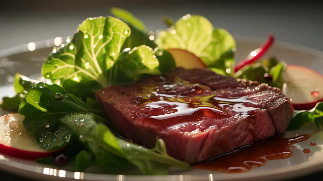 Backlit salad and steak with glistening water droplets and glossy sauce highlights.