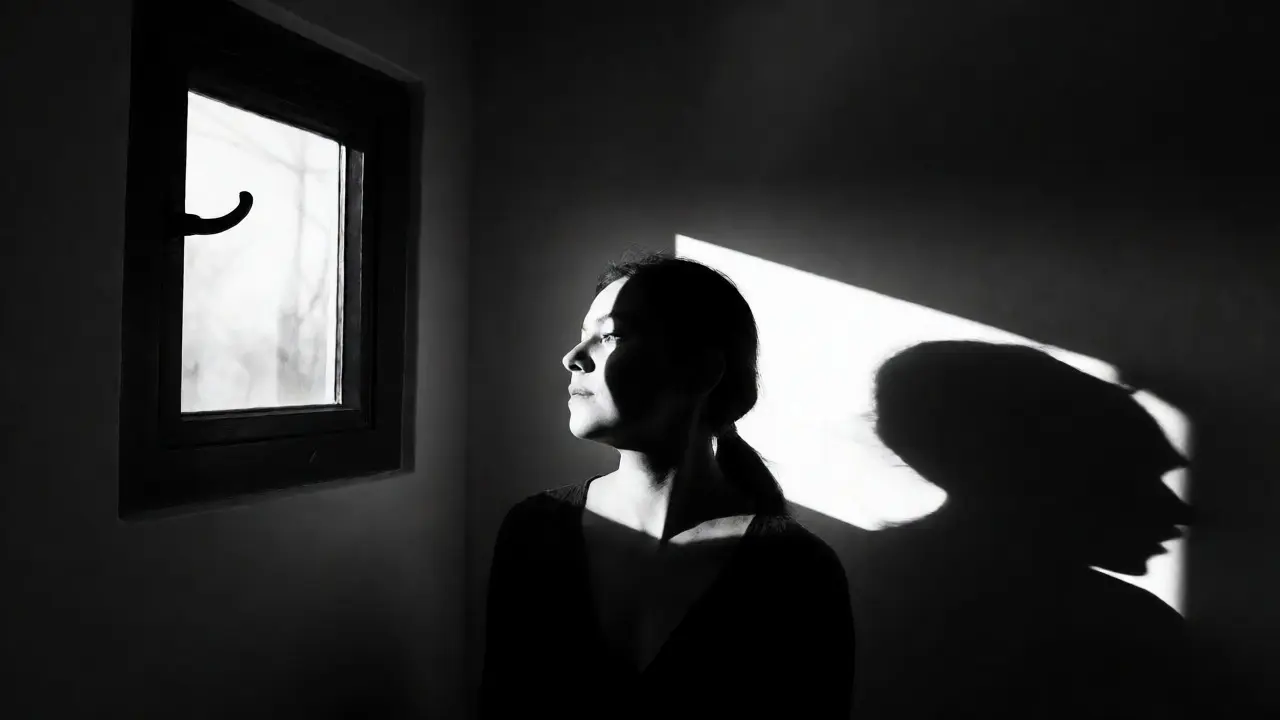 Black and white portrait with dramatic window light shadows
