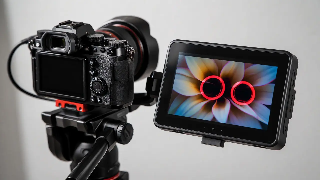 Camera rig with external monitor showing focus peaking on a macro flower
