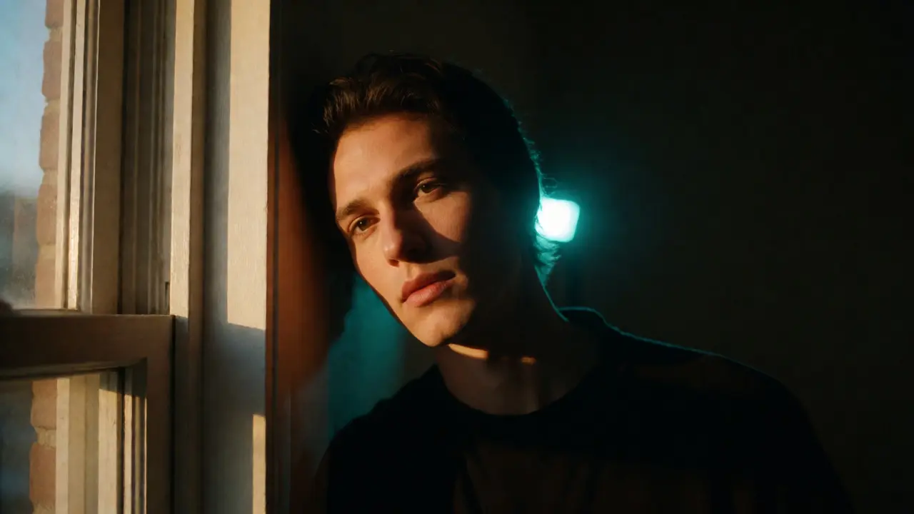 Cinematic portrait with warm window light and a cool teal rim light separation.