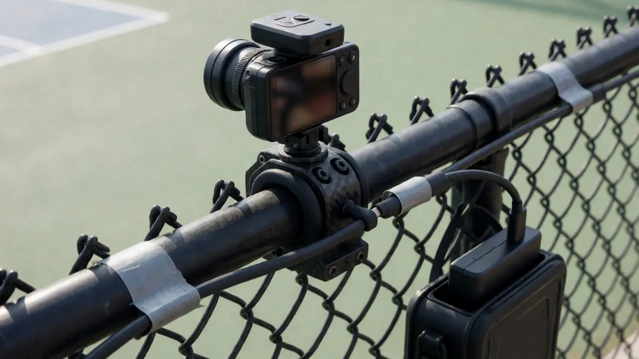Close-up of a remote camera rig clamped to a fence with secure cabling and power connections for stable shooting.