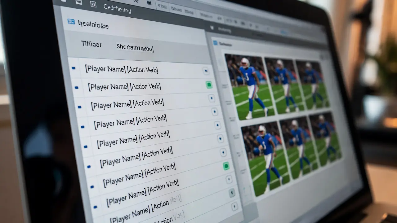 Close-up of photo editing software showing batch captioning for sports photos