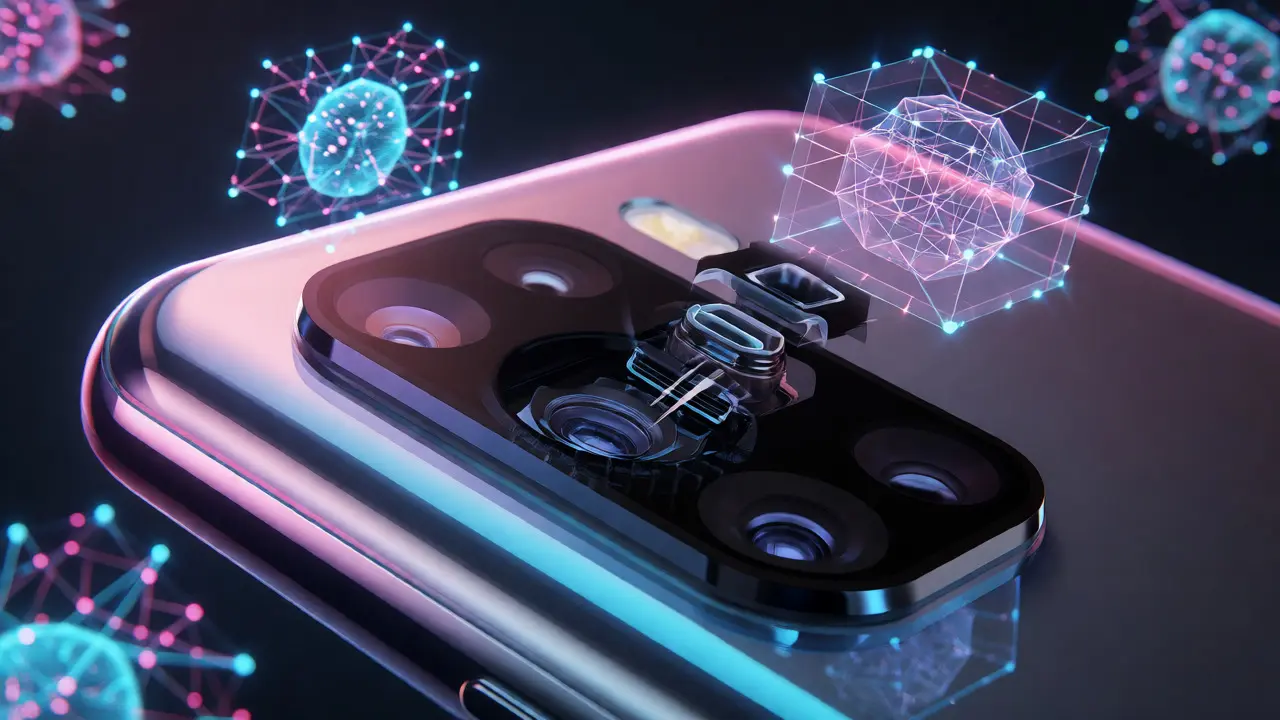 Close-up of smartphone periscope lens with AI processing overlay