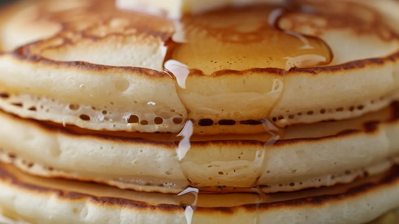 Close-up of stacked pancakes with syrup and butter, showing layered texture and selective focus.