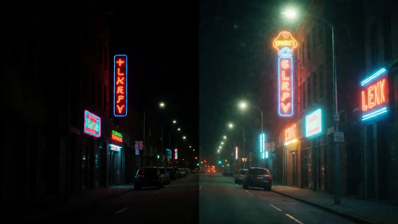Comparison of night scenes showing harsh digital vs. soft cinematic filters.
