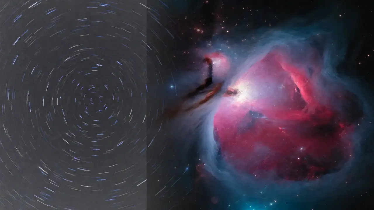 Comparison of noisy static star trails versus clean tracked nebula images