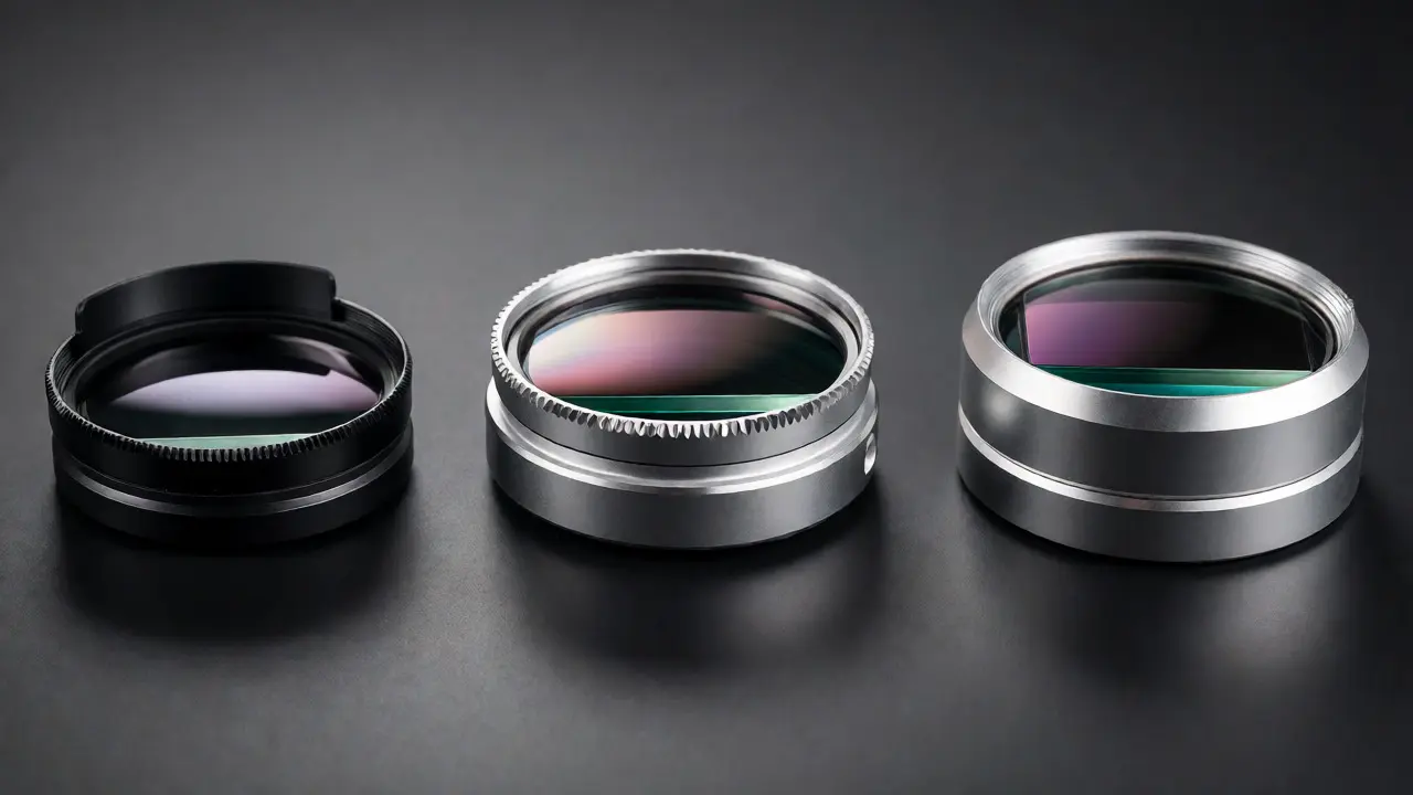 Comparison of plastic, metal, and magnetic filter holders with filters inserted on a dark surface.