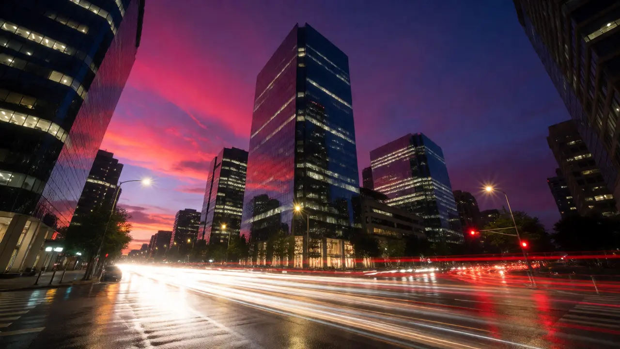 Composite urban night scene with sunset sky and light trails
