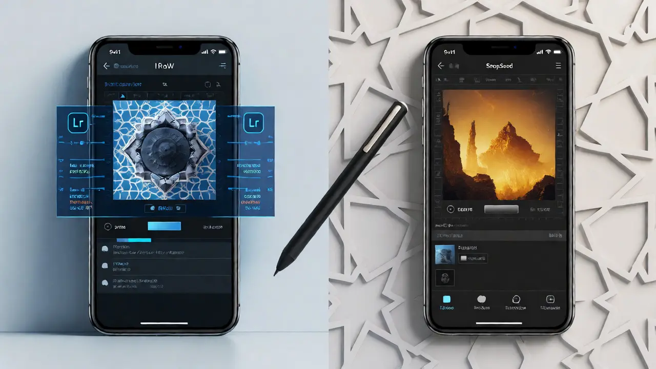 Conceptual split-screen showing Lightroom RAW processing and Snapseed final edits.