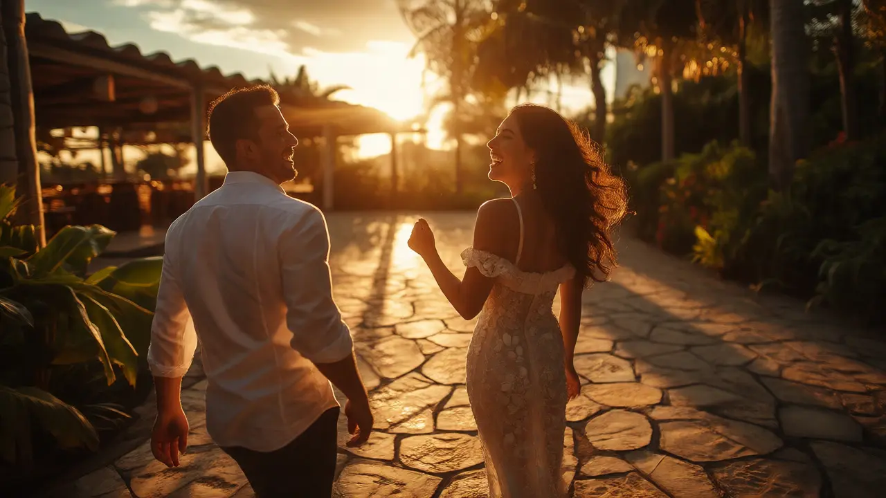 Couple laughing during golden hour sunset portraits on a stone path outdoors.