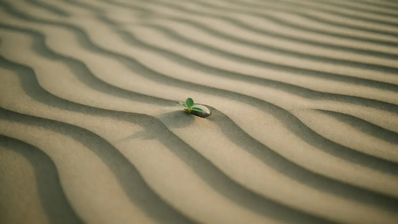 Desert sand ripples with a single stone breaking the natural pattern