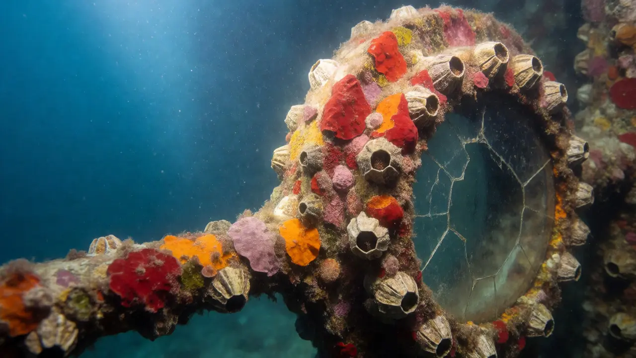 Detailed close-up of barnacles on a wreck illuminated by strobes