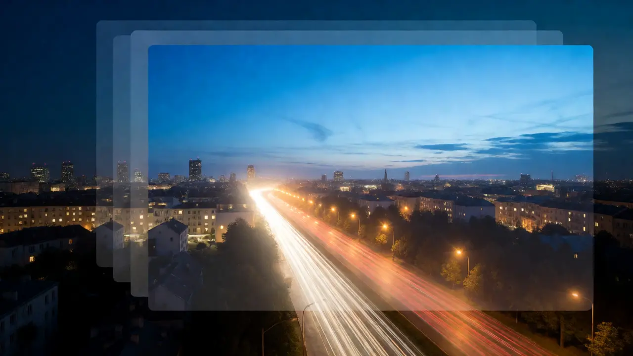 Digital layers blending day sky and night city lights in editing
